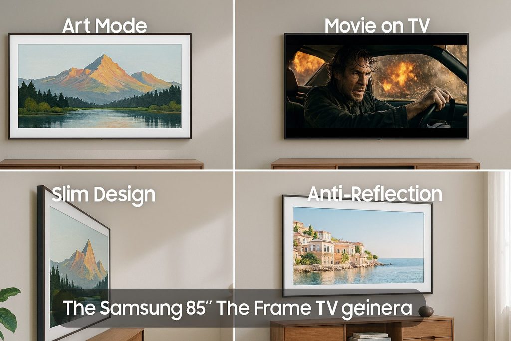 Samsung 85-inch Frame TV displayed in different modes: Art Mode with a mountain painting, Movie Mode showing an action scene, Slim Design side view, and Anti-Reflection feature with coastal artwork.