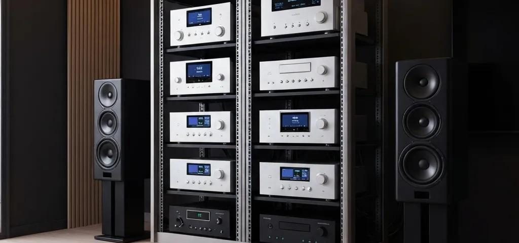 Modern professional AV rack setup in a home theater with organized audiovisual equipment