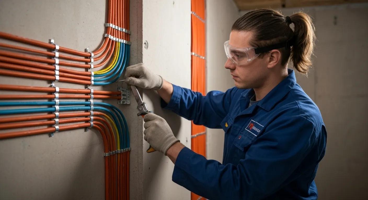 A skilled technician carefully routing cables within a wall, highlighting the use of professional-grade, fire-resistant conduits
