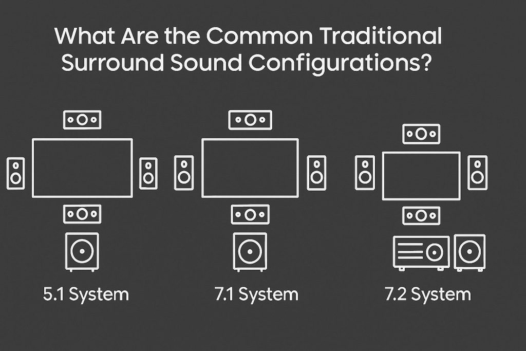 Diagram showing common traditional surround sound configurations: 5.1 system with five speakers and one subwoofer, 7.1 system with seven speakers and one subwoofer, and 7.2 system with seven speakers and two subwoofers, all arranged around a TV screen.