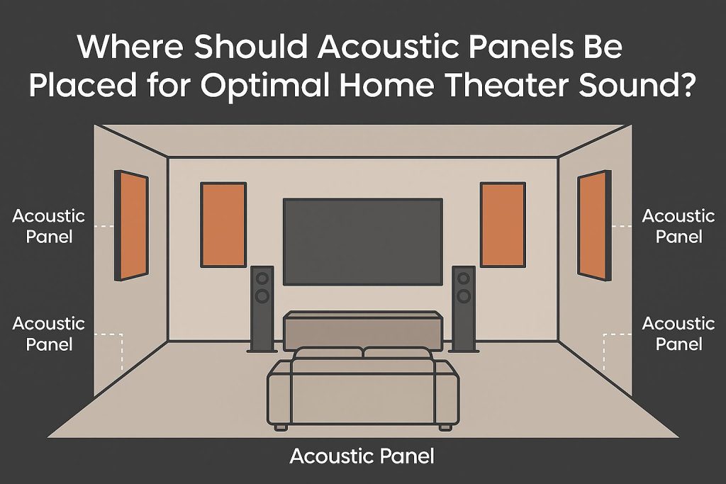 Why Acoustic Panels Matter is the best in Home Theaters 2026 5 Diagram of a home theater showing optimal acoustic panel placement: panels on side walls at ear level, behind speakers on the front wall, and one on the back wall behind the seating area for balanced sound absorption.