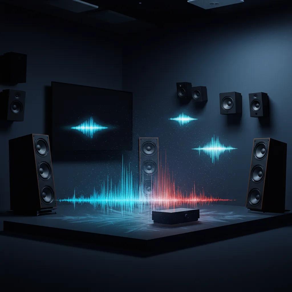 Illustration of Dolby Atmos creating a 3D immersive sound experience with sound waves