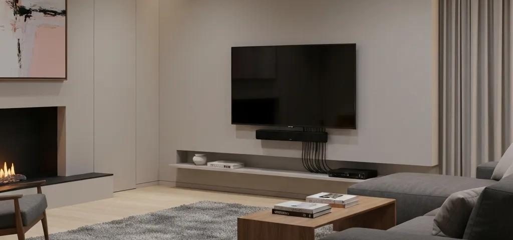 Sleek living room featuring a wall-mounted TV with all wires expertly hidden for a clean, modern look