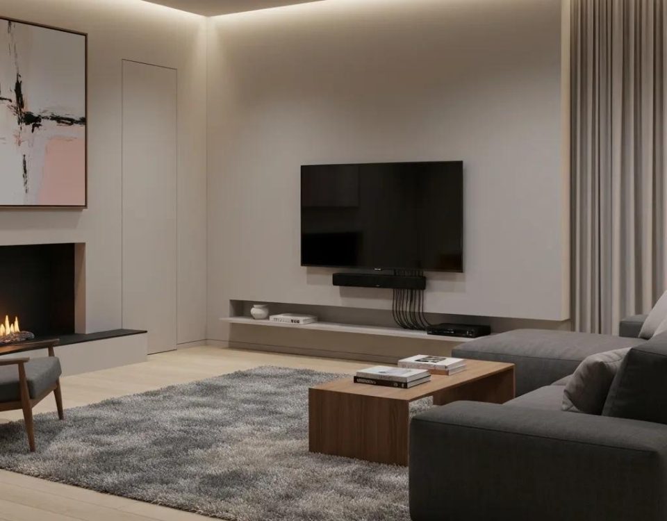Sleek living room featuring a wall-mounted TV with all wires expertly hidden for a clean, modern look