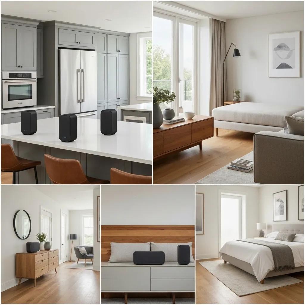 A stylish Katy home showcasing multiple Sonos speakers strategically placed in various rooms, illustrating the seamless multi-room audio experience