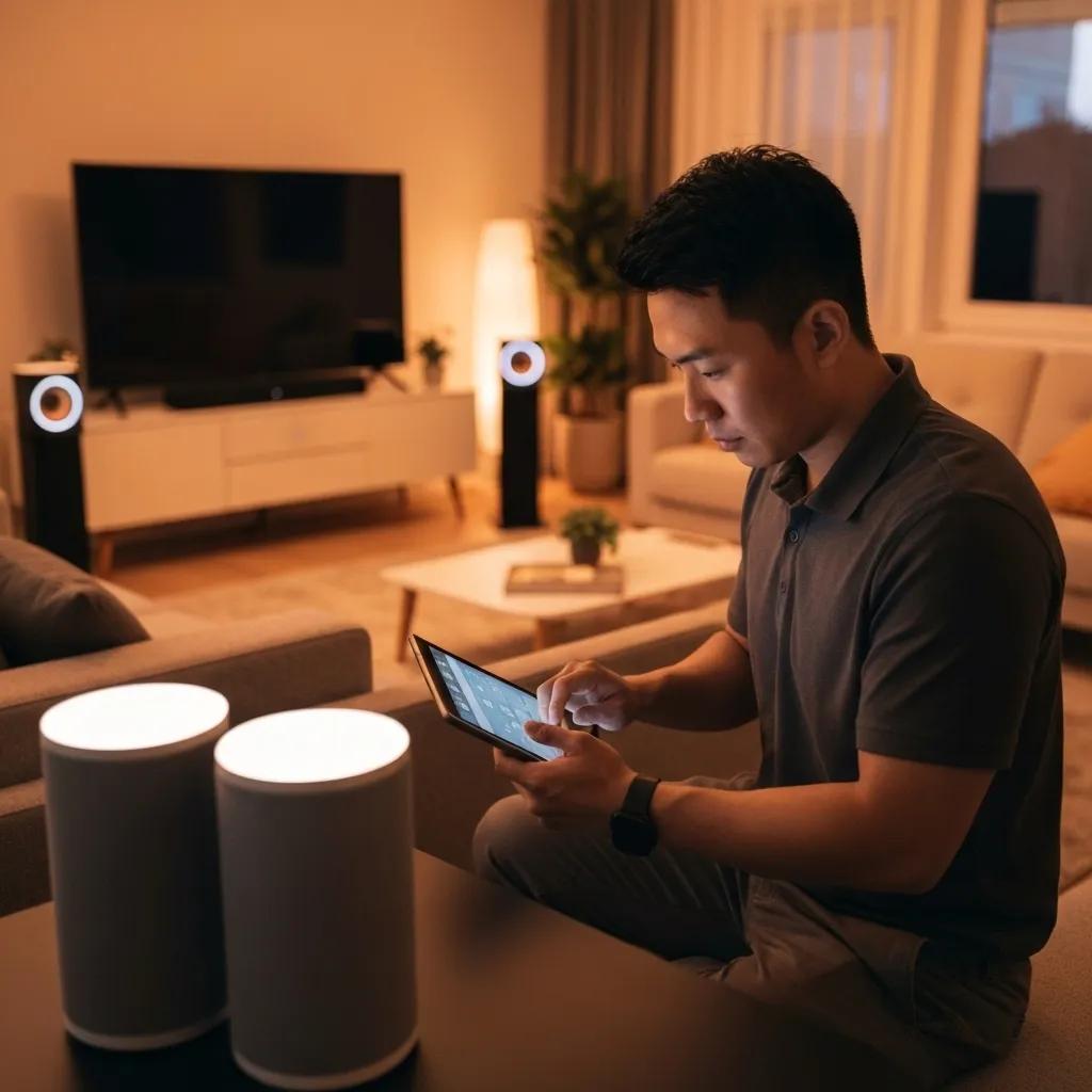 A skilled technician meticulously calibrating Sonos setup speakers within a home environment, highlighting the advantages of expert installation