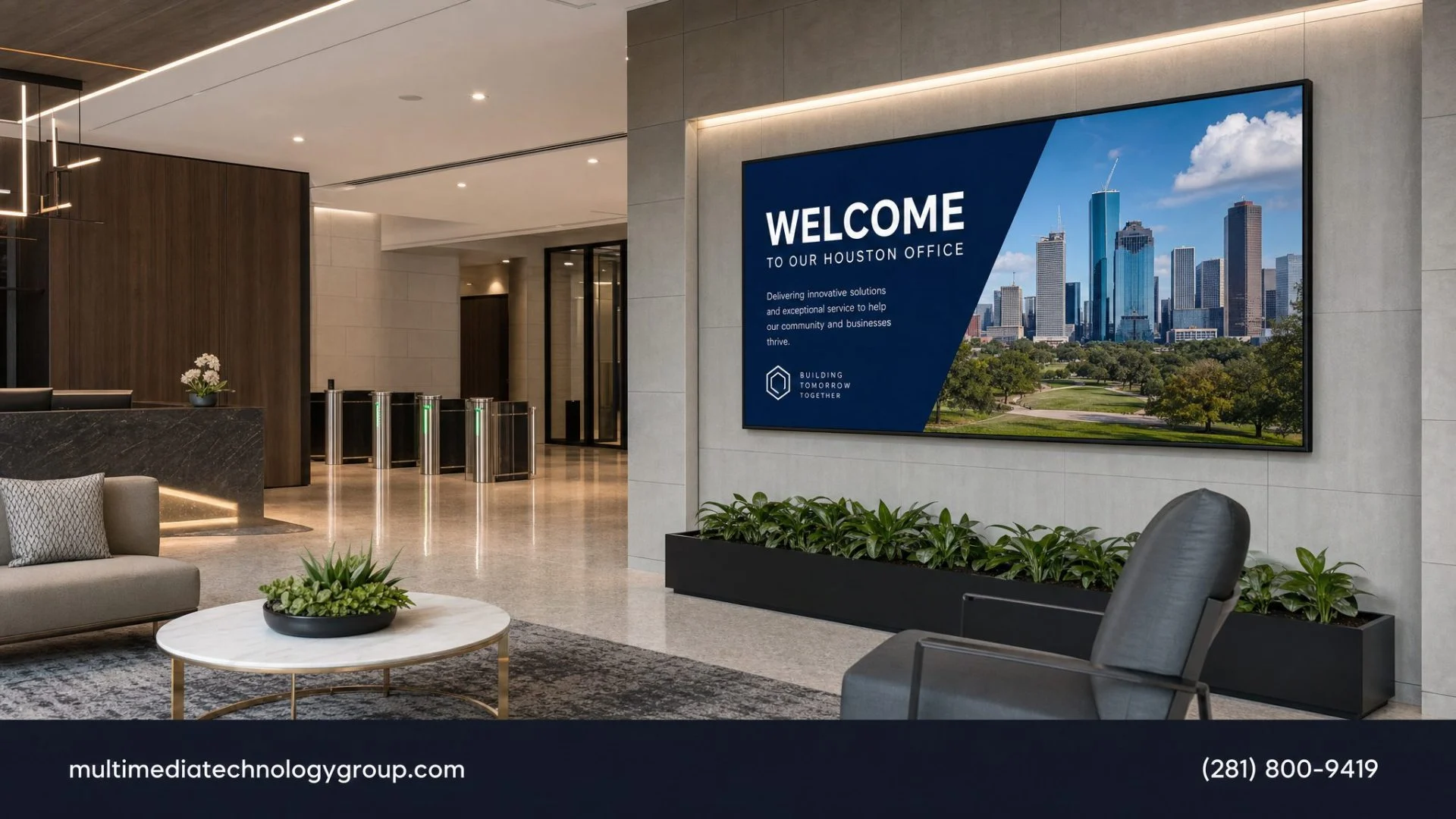 Commercial digital display in a Houston office lobby — multimediatechnologygroup.com