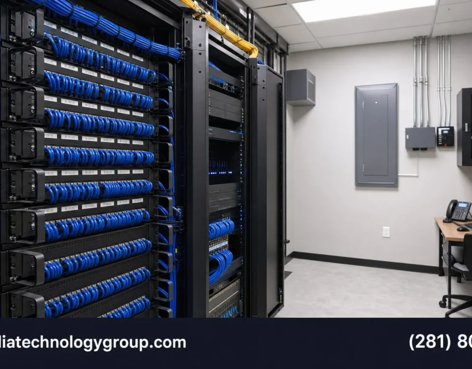 Structured cabling installation in a Texas office telecom room — multimediatechnologygroup.com