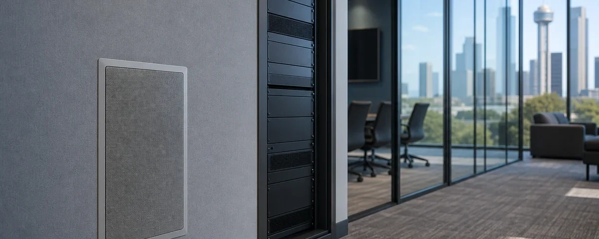 Commercial in wall subwoofers in a Texas office AV rack