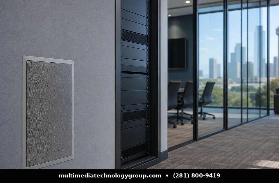 Commercial in wall subwoofers in a Texas office AV rack