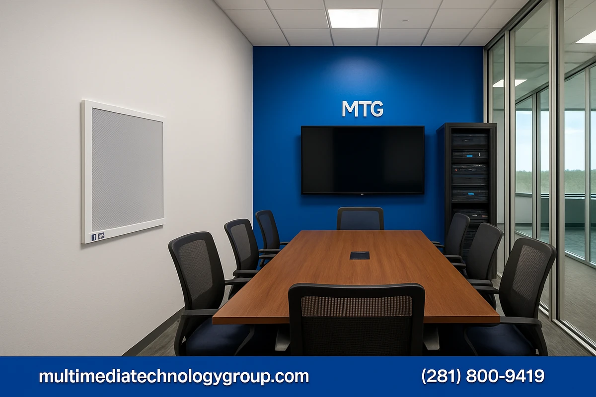 Commercial in wall subwoofers grille in a conference room
