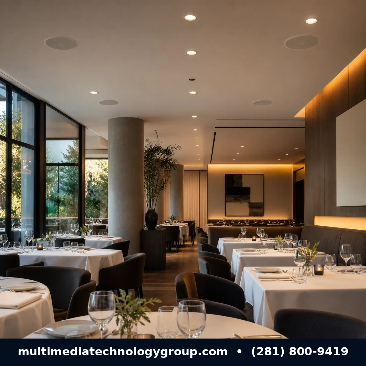 Restaurant dining room with discreet in-ceiling speakers
